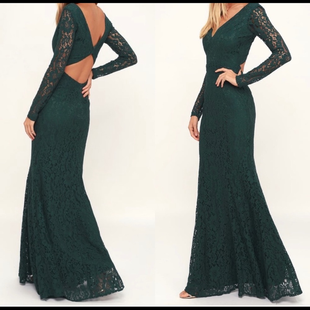 Natural Beauty Forest Green Lace Long Sleeve Dress